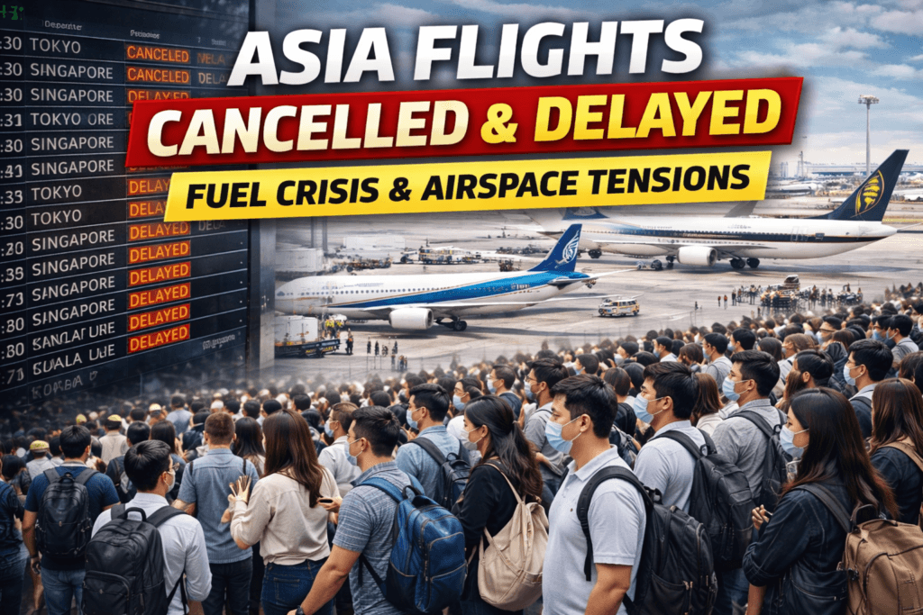 Asia flights cancelled and delayed at airport departure board showing disruptions in 2026