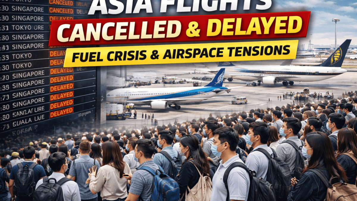 Asia flights cancelled and delayed at airport departure board showing disruptions in 2026