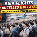 Asia flights cancelled and delayed at airport departure board showing disruptions in 2026