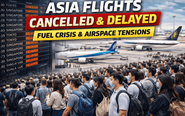 Asia flights cancelled and delayed at airport departure board showing disruptions in 2026